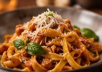 Prato de tagliatelle com molho de tomate e parmesão